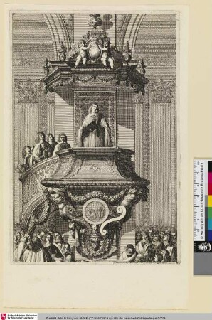 [Kanzel von vorne gesehen mit einem Pastor und Männern auf der Treppe; Chaire vue de face, le prédicateur tête nue]
