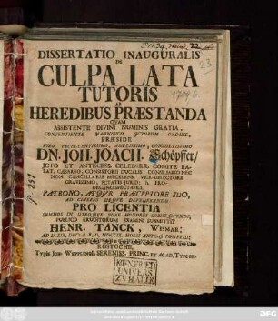 Dissertatio Inauguralis De Culpa Lata Tutoris Ab Heredibus Præstanda