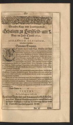 Die achte Klag: und Trawrpredigt/ Gehalten zu Hirßfeld/ am 3 Maji/ im Jahr Christi 1632. Durch Johannem Gleimium [...]