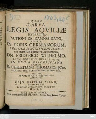 Larva Legis Aqviliae Detracta Actioni De Damno Dato, Receptæ In Foris Germanorum