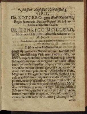 Nobilissimis, Amplissimis [...] Viris, Dn. Rotgero zum Bergen [...] Dn. Henrico Mollero [...]
