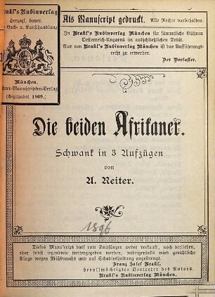 Die beiden Afrikaner : Schwank in 3 Aufzügen