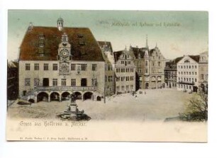 "Marktplatz mit Rathaus und Ratskeller" "Gruss aus Heilbronn a.Neckar", im Vordergrund das Robert-Mayer-Denkmal, mit Marktplatz 9 (Modehaus Heinrich Schwarz), 10 (Haus Buttersack) und 11 (Hotel Falken)