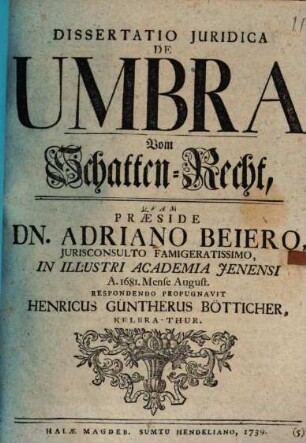 Dissertatio Juridica De Umbra : = Vom Schatten-Recht