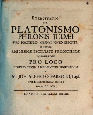 Exercitatio de Platonismo Philonis Iudaei, V. D. Jo. Ionsio opposita