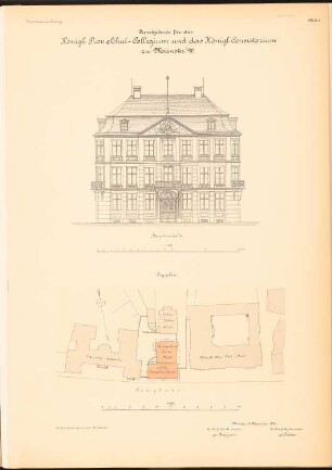 Provinzialschulkollegium und Konsistorium, Münster: Ansicht 1:100, Lageplan 1:500