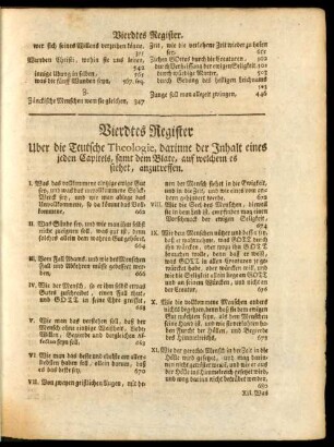 Vierdtes Register Uber die Teutsche Theologie, darinne der Inhalt eines jeden Capitels, samt dem Blate, auf welchem es stehet, anzutreffen.