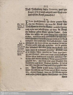 Nach Vollendung dieses Sermons, wurd gefraget/Ob es auch müglich were Gold vermittelst der Kunst zumachen?