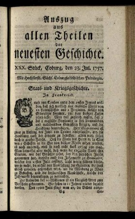 XXX. Stück, Coburg, den 23. Jul. 1757.