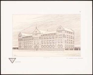 Verwaltungsgebäude der Maschinenfabrik, Bruchsal: Perspektivische Ansicht (aus: Moderne Bauformen. Fassaden, Interieurs, Details im Verein mit R. Beauclair, hrsg.v. M.J. Gradl, Bd. 2, H.7, 1903)