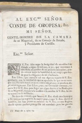 [Dedicatoria] Al Exc.mo Señor Conde de Oropesa
