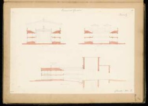 Sommertheater Monatskonkurrenz Mai 1850: Längsschnitt, Querschnitt Richtung Bühne, Richtung Auditorium; Maßstabsleiste