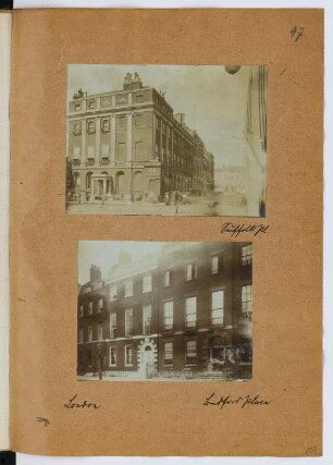 Wohnhaus Suffolk Place, London. Wohnhaus Bedford Place, London: Ansichten (aus: Skizzen- und Fotoalbum 26)