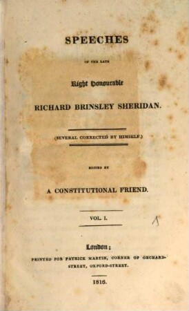 Speeches of the late Right Honourable Richard Brinsley Sheridan, 1