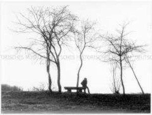 Silhouette eines, auf einer Bank sitzenden Menschen, daneben kahle Bäume