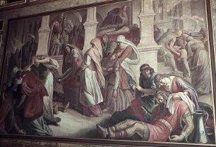 Westwand: Die erschlagenen Helden werden aus dem Saale getragen und von Etzel, Dietrich, Hildebrand und den Frauen beweint