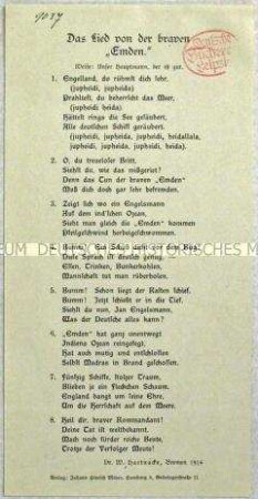 Patriotischer Liedtext auf den deutschen Kreuzer "Emden"