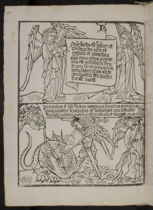 (1) Zwei Engel mit der Verkündigung des Reichs Gottes (Apc. XII, 10) ; (2) Erzengel Michael und seine Engel werfen den Drachen auf die Erde (Apc. XII, 9).