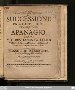 Disquisitionem Politicam De Successione Principis, Iure Primogeniturae, & Apanagio