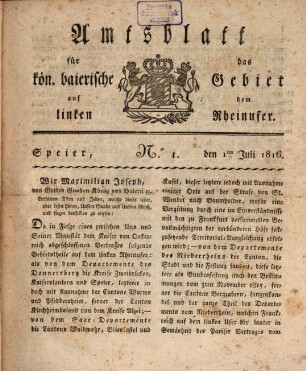 Amtsblatt der Königlich-Baierischen Regierung des Rheinkreises. 1816