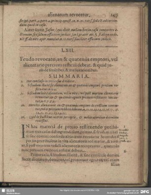 LXII. Feudo revocato, an & quatenus emptori, evl alienatario precium restitui debeat, & quid iuris de fructibus, & meliorationibus