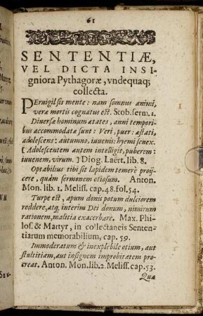 Sententiae, Vel Dicta Insigniora Pythagorae, undequaque collecta