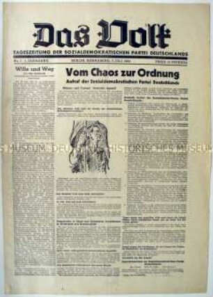 Erste Ausgabe der Tageszeitung der SPD für die Sowjetische Besatzungszone "Das Volk" mit dem Aufruf der Partei vom 15. Juni 1945