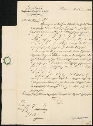 Schriftstück an den Königlichen Geheimen Oberbaurat Salzenberg vom 8. Februar 1876: Schreiben an Salzenberg vom Ministerium der geistlichen, Unterrichts- und Medicinal-Angelegenheiten mit Sigelmarke