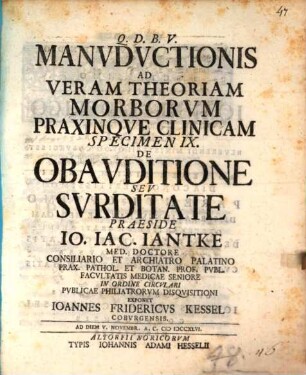 Manuductionis ad veram theoriam morborum, praxinque clinicam Specimen IX. De obauditione seu surditate