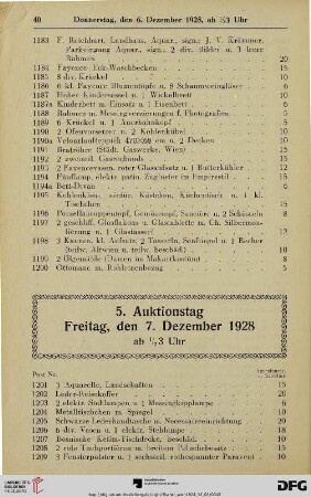 5. Auktionstag Freitag, den 7. Dezember 1928 ab ½ 3 Uhr (Nr. 1201-1500)