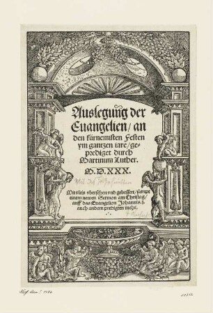 Architektonischer Rahmen mit Genien, Titelblatt aus: Martin Luther, "Auslegung der Evangelien an den fürnemisten Festen ym gantzen iare", Wittenberg 1530