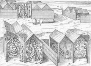 Abbildung ihrer Häuser und Haushaltung - Buchseite aus de Bry, India II