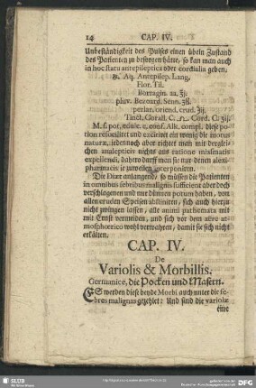 Cap. IV. De Variolis & Morbillis. Germanice, die Pocken und Masern