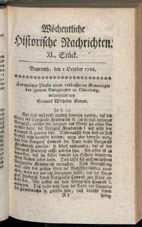 XL. Stück. Bayreuth, den 1. October 1766.