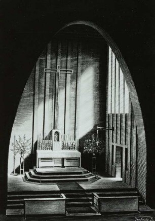 Altarraum der Katholischen Kirche in Güstrow : Altarraum der Katholischen Kirche in Güstrow. Zeichnung (1954; Jamborsky)