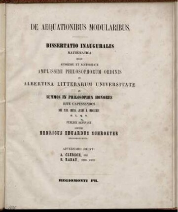 De Aequationibus Modularibus : Dissertatio Inauguralis Mathematica