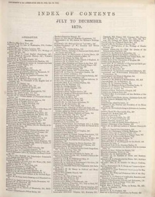 INDEX OF CONTENTS JULY TO DECEMBER 1879.