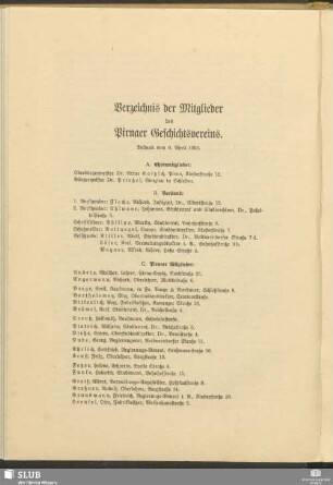 Verzeichnis der Mitglieder des Pirnaer Geschichtsvereins