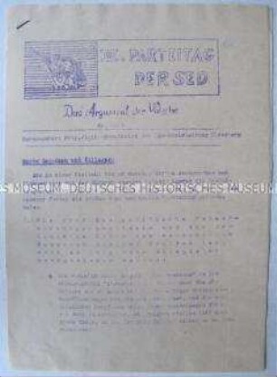 Hektografiertes Informationsblatt der SED-Kreisleitung Eisenberg zum VI. Parteitag der SED