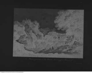 Raccolta di paesi di Gaspare Dughet detto Pussino / incisi all'acqua forte da A. Heydeck in Dessau 1849; Paris 1849, Taf. 15: Bergige Landschaft mit Wasserfällen und lagernden Figuren