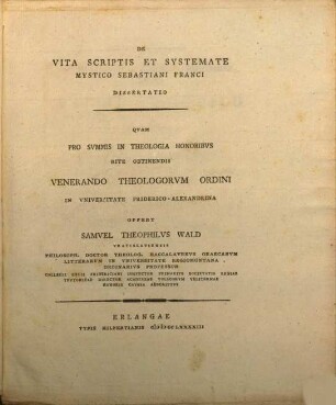 De Vita Scriptis Et Systemate Mystico Sebastiani Franci