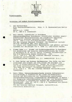 Bibliographie: Gutachten und andere Forschungsarbeiten zur IBA 1984