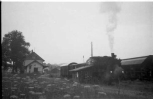 Bahnhof Bingen, Lok 141 mit Salzwagen, Bahnhofsgebäude erbaut 1901, nicht mehr besetzt seit 1970, seit 1995 Erbpacht an den Landesbahner Kieferle, Renovation