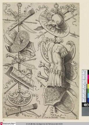 [Le second trophée offre une cuirasse vue par le dos; Trophies with a Cuirass seen from behind; Trophäen mit einem Brustpanzer von hinten]