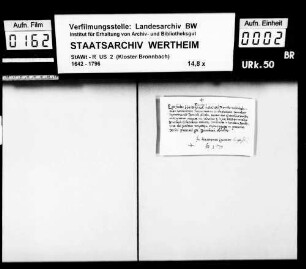 Fr. Hieronymus Eisenmann, Laie zu Bronnbach (Brunnbach), verspricht den Satzungen und Regeln des hl. Benediktus Treue und Gehorsam.