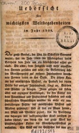Übersicht der wichtigsten Weltbegebenheiten im Jahre .... 1808