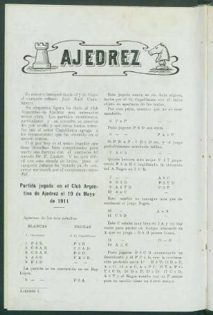 Ajedrez : Partida jugada en el Club Argentino de Ajedrez el 19 de Mayo de 1911