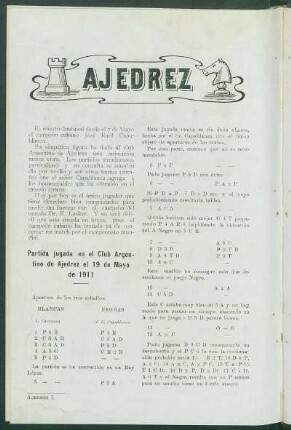 Ajedrez : Partida jugada en el Club Argentino de Ajedrez el 19 de Mayo de 1911