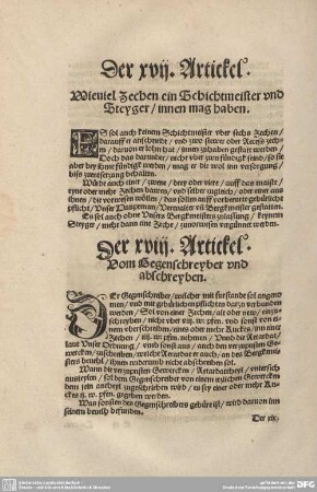 Der XVII. Artickel. Wieviel Zechen ein Schichtmeister und Steyger / innen mag haben.