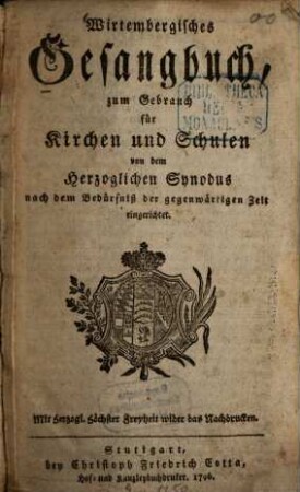 Wirtembergisches Gesangbuch : zum Gebrauch für Kirchen und Schulen